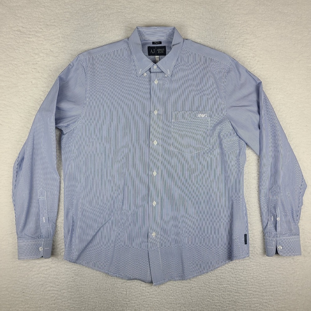 AJ ARMANI JEANS Shirt Mens Large Blue Mini‎ Check Regular Fit Dress Button Up